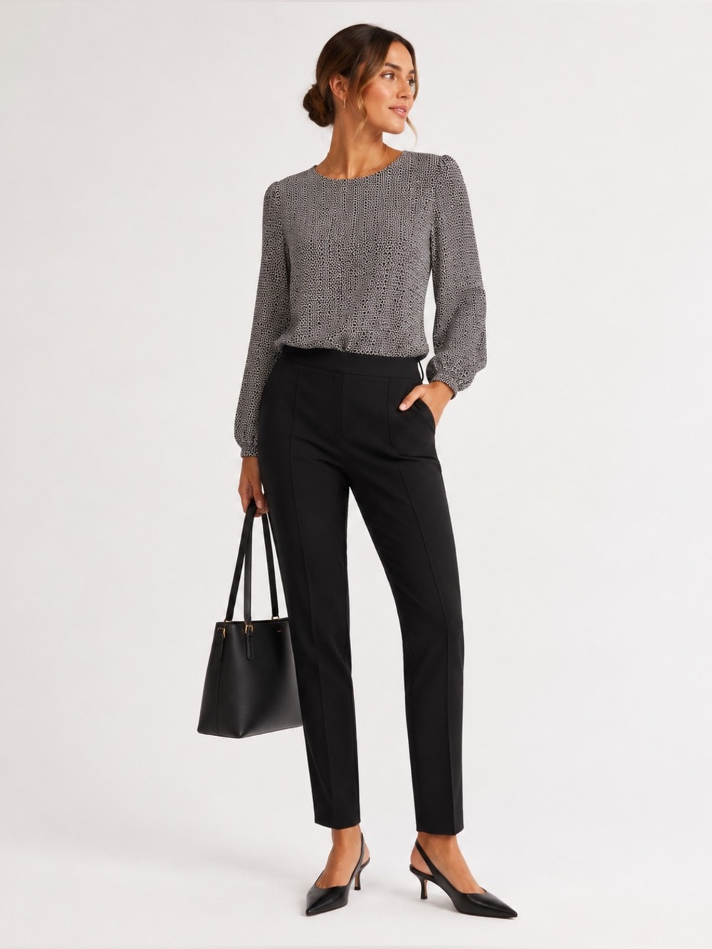 Adrianna Papell Black White Stretch Blouse Career Chic Minimalist Top Size L